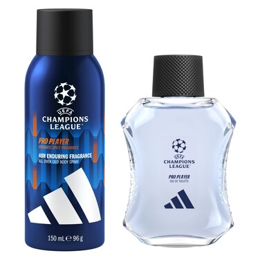 Adidas UEFA Champions League Pro Player Eau De Toilette, 100ml + UEFA Champions League Pro Player Deodorant Body Spray, 150ml