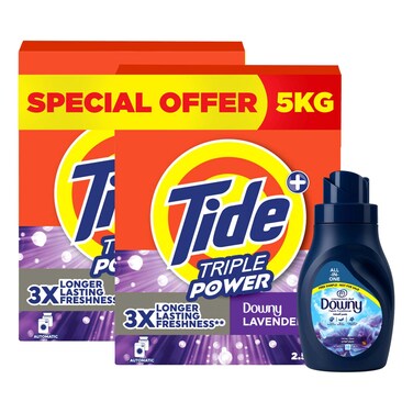 Tide+ Triple Power Detergent Powder for Automatic Washing Machine, Downy Lavender, 2.5kg Pack of 2 and Downy All-in-One Valley Dew Liquid Fabric Softener, 400ml