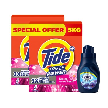 Tide+ Triple Power Detergent Powder for Automatic Washing Machine, Downy Floral Breeze, 2.5kg Pack of 2 and Downy All-in-One Valley Dew Liquid Fabric Softener, 400ml