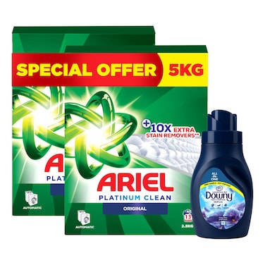 Ariel Platinum Clean Detergent Powder for Automatic Washing Machine, Original, 2.5kg Pack of 2 (13 Washes) and Downy All-in-One Valley Dew Liquid Fabric Softener, 400ml