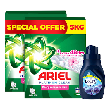 Ariel Platinum Clean Detergent Powder for Automatic Washing Machine, Downy Floral Breeze, 2.5kg Pack of 2 (13 Washes) and Downy All-in-One Valley Dew Liquid Fabric Softener, 400ml