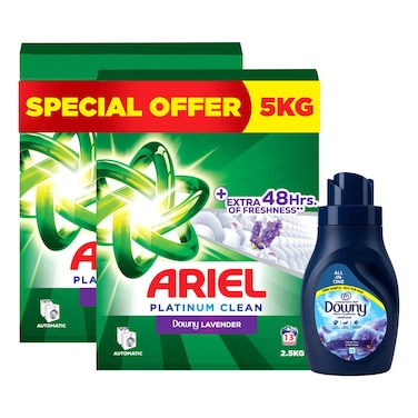 Ariel Platinum Clean Detergent Powder for Automatic Washing Machine, Downy Lavender, 2.5kg Pack of 2 (13 Washes) and Downy All-in-One Valley Dew Liquid Fabric Softener, 400ml