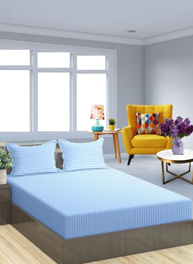 Sky Blue Cotton Double Striped Fitted Elastic Pack of 3 Bedsheet 150x200+35cm
