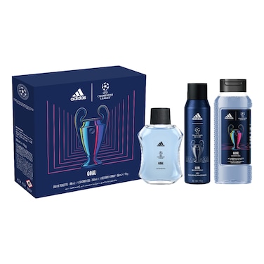أديداس مجموعة دوري أبطال أوروبا UEFA 11 Goal تتكون من أو دو تواليت 100 ملل + بخاخ مزيل عرق للجسم 150 ملل + جل استحمام 250 ملل