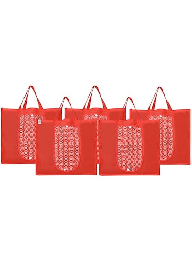 Fun Homes Shopping Grocery Bags Foldable, Washable Grocery Tote Bag With One Small Pocket, Eco-Friendly Purse Bag Fits In Pocket Waterproof &amp; Lightweight (Set Of 5,Red)