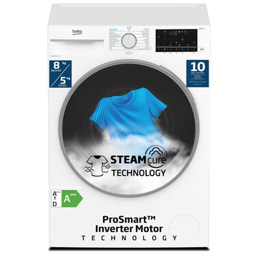 Beko 8/5 kg Washer/Dryer, 1400 RPM, 15 Programmes, Low Noise, Quick wash 14/28 Minutes, 10 Years Warranty on ProSmart Inverter Motor, WD8514W(White)