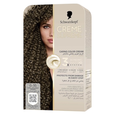 Schwarzkopf Creme Supreme Caring Colour Cream Full Kit, 6-16 Cool Ash Light Brown