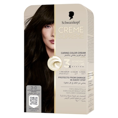 Schwarzkopf Creme Supreme Caring Colour Cream Full Kit, 3-0 Natural Darkest Brown