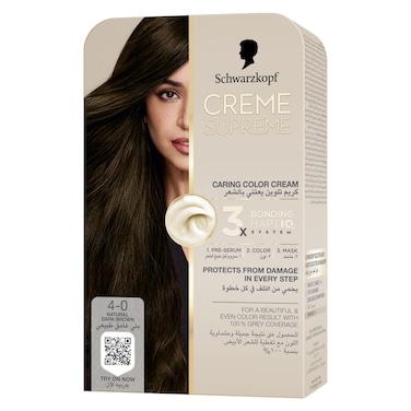 Schwarzkopf Creme Supreme Caring Colour Cream Full Kit, 4-0 Natural Dark Brown