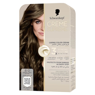 Schwarzkopf Creme Supreme Caring Colour Cream Full Kit, 6-0 Natural Light Brown