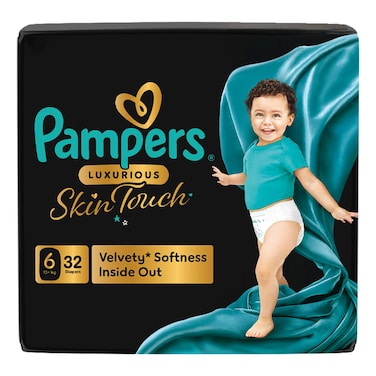 Pampers Luxurious Skin Touch Taped Diapers, Size 6 (13+ kg), 32 Count