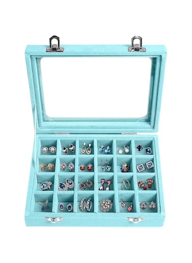 Aputue Jewelry Box, 24 Grid Velvet Earrings Holder Tray Detachable Earring Case, Light blue Jewelry Showcase for Drawers Glass Clear Lid Organizer Jewelry Display Storage Ring Trays for Women Girl