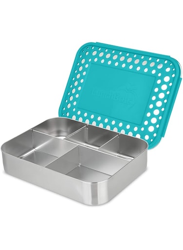 LunchBots Large Cinco Stainless Steel Lunch Container - Five Section Design Holds a Variety of Foods - Metal Bento Box - Dishwasher Safe - Stainless Lid - Aqua Dots
