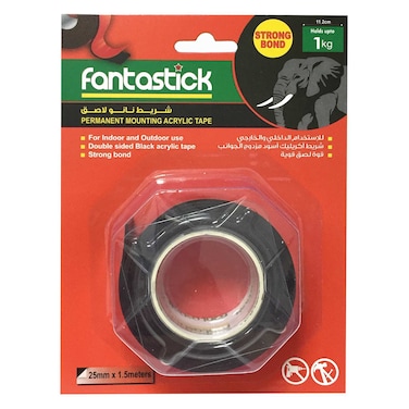 Fantastick Permanent Double-Sided Mounting Acrylic Tape, Black, 25mmx1.5m