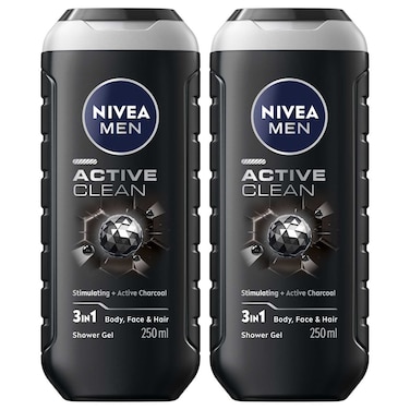 NIVEA MEN Active Clean 3in1 Shower Gel Body Wash, Active Charcoal, 250ml, Pack of 2