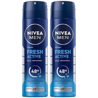 NIVEA MEN Fresh Active Antibacterial Deodorant Spray for Men, 48H Active, 150ml, Pack of 2