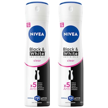 NIVEA Black &amp; White Invisible Antiperspirant Spray for Women, 72H Protect, 150ml, Pack of 2