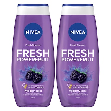 NIVEA Fresh Powerfruit Shower Gel, Body Wash, Blueberry Scent, 250ml, Pack of 2