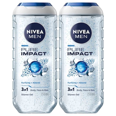 NIVEA MEN Pure Impact 3in1 Shower Gel Body Wash, Deep Cleansing, 250ml, Pack of 2