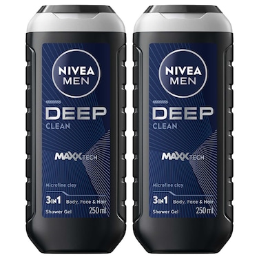NIVEA MEN Deep Shower Gel 3in1, Body Wash Micro-Fine Clay &amp; Woody Scent, 250ml, Pack of 2