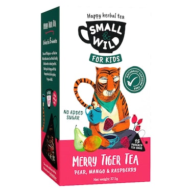Small &amp; Wild No Sugar Added Merry Tiger Tea Pear, Mango and Raspberry Herbal Tea for Kids, 12 Months+, 15 Tea Bags