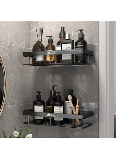 24HOCL Shower Caddy Shelf【Thickened Upgraded Version】, Adhesive Black Bathroom Shower Rack, No Drilling Wall Mounted Shower Organizer, Rustproof Basket for Bathroom, Toilet, Kitchen (2 Pack)