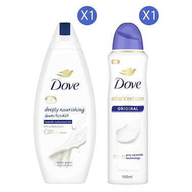 Dove Deeply Nourishing Body Wash, Original, 250ml + Anti-Perspirant Deodorant Spray, Original, 150ml