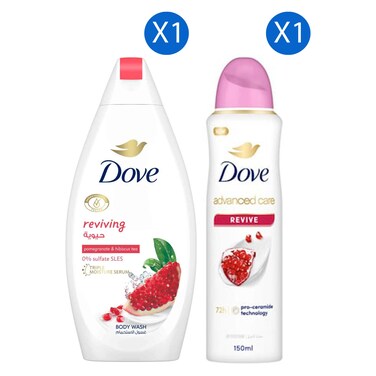 دوف غسول الجسم جو فريش المنعش برائحة الرمان وشاي الكركديه، 250 مل + بخاخ مزيل العرق أدفانسد كير ريفايف، 150 مل
