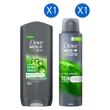 Dove Men+Care Refreshing Extra Fresh Cleanser, 250ml + Men+Care Anti-Perspirant Deodorant Body Spray, Extra Fresh, 150ml