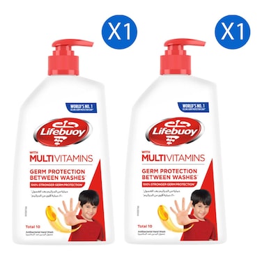 لايف بوي غسول اليدين السائل المضاد للبكتيريا توتال 10 مع الفيتامينات المتعددة، حزمة من قطعتين، 500 مل