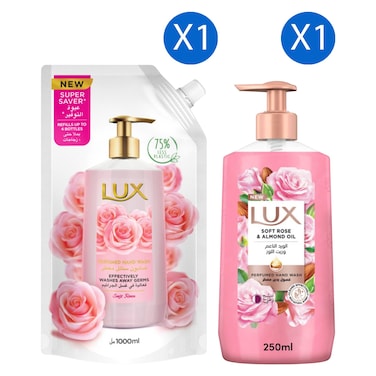 Lux Anti-Bacterial Perfumed Liquid Handwash Refill Pouch, Soft Rose, 1L + Perfumed Liquid Hand Wash, Soft Rose, 250ml