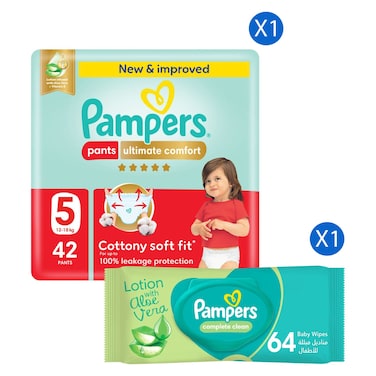 Pampers Ultimate Comfort Pants Diapers, Size 5 (12-18 kg), 42 Pants - Cottony Soft Fit + Complete Clean Baby Wipes with Aloe Vera Lotion, 64 Wipes