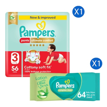 Pampers Ultimate Comfort Pants Diapers, Size 3 (6-11 kg), 56 Pants - Cottony Soft Fit + Complete Clean Baby Wipes with Aloe Vera Lotion, 64 Wipes