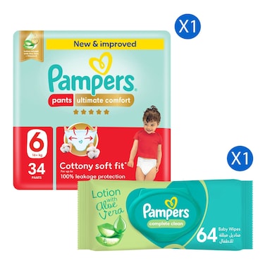 Pampers Ultimate Comfort Pants Diapers, Size 6 (16 kg+), 34 Pants - Cottony Soft Fit + Complete Clean Baby Wipes with Aloe Vera Lotion, 64 Wipes