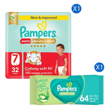 بامبرز سروال حفاضات ألتميت كومفورت، مقاس 7 (17 كغ+)، 32 سروال - ملمس قطني ناعم + مناديل مبللة كومبليت كلين بتركيبة ألوفيرا، 64 منديل