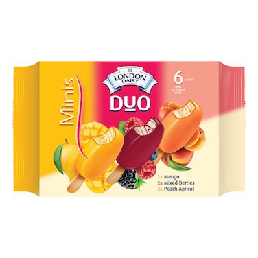 London Dairy Duo Minis Mango, Mixed Berries, Peach, Apricot Ice Cream Bars, 60ml Pack of 6