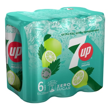 7 Up Zero Sugar Lemon Mint Mojito Soft Drink Can, 330ml Pack of 6