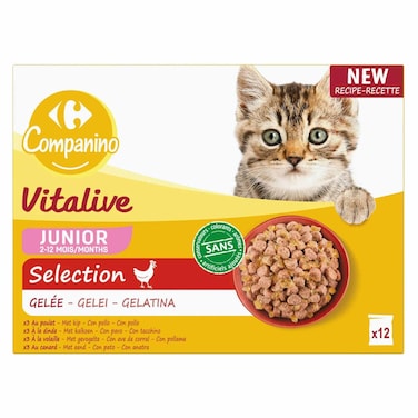 Carrefour Companino Vitalive Junior Wet Kitten Food in Jelly with Chicken Selection, 100g, Pack of 12