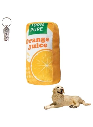 PETSARY Orange Juice Box Toys for Dogs and Cats with 1 Pcs Pet ID - Durable Dog Stuffed Toys for Puppy - Natural Unique Parody Stuffed Toys with Interactivity - Not for Aggressive Chewers - Orange