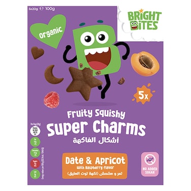 برايت بايتس سناكات صغيرة فواكهية عضوية بدون سكر مضاف سوبر شارمز، تمر ومشمش، 20 غرام حزمة من 5