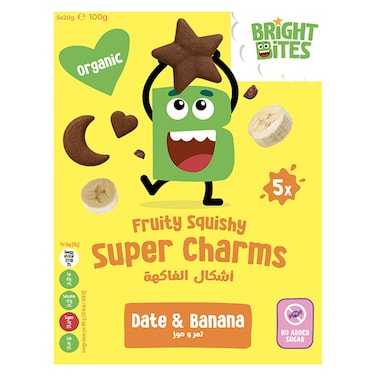برايت بايتس سناكات صغيرة فواكهية عضوية بدون سكر مضاف سوبر شارمز، تمر وموز، 20 غرام حزمة من 5
