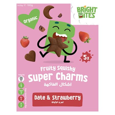 Bright Bites Organic No Added Sugar Mini Fruity Squishy Super Charms Bites, Date and Strawberry, 20g Pack of 5