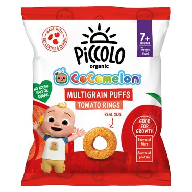 Piccolo Organic Cocomelon No Added Salt or Sugar Multigrain Puffs Tomato Rings Finger Food, 7 Months+, 15g