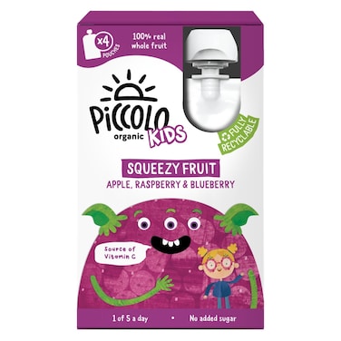 Piccolo Kids No Added Sugar Organic Apple, Raspberry and Blueberry Squeezy Fruit, 100g Pack of 4