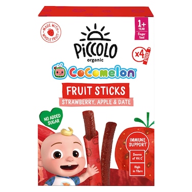 Piccolo Organic Cocomelon No Added Sugar Fruit Sticks Strawberry, Apple and Date, 1 Year+, 17g Pack of 4