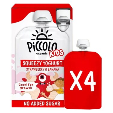 بيكولو كيدز زبادي عصيري عضوي بالفراولة والموز بدون سكر مضاف، 100 غرام حزمة من 4