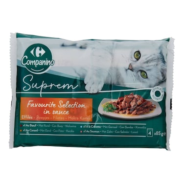 Carrefour Companino Supreme Favourite Selection Meat and Fish Mix in Sauce Cat Food, 85g Pack of 4