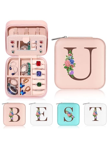 Yesteel Travel Jewelry Case, Travel Portable Jewelry Box for Ring Earring Necklace Bracelet Organizer Storage Holder Boxes With Mirror, Gifts for Women Teen Girls Initial U