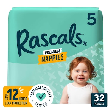 Rascals Premium Taped Nappies, Size 5 (13-18 kg), 32 Count - Hydrolock Core