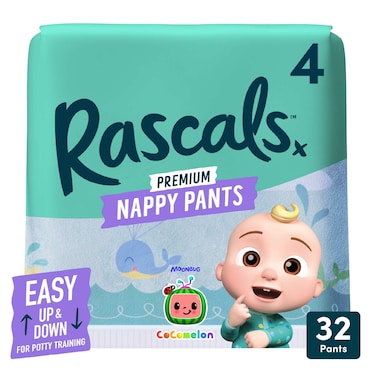 Rascals Cocomelon Premium Nappy Pants, Size 4 (10-15 kg), 32 Count - Ultra Flex 360 Waistband